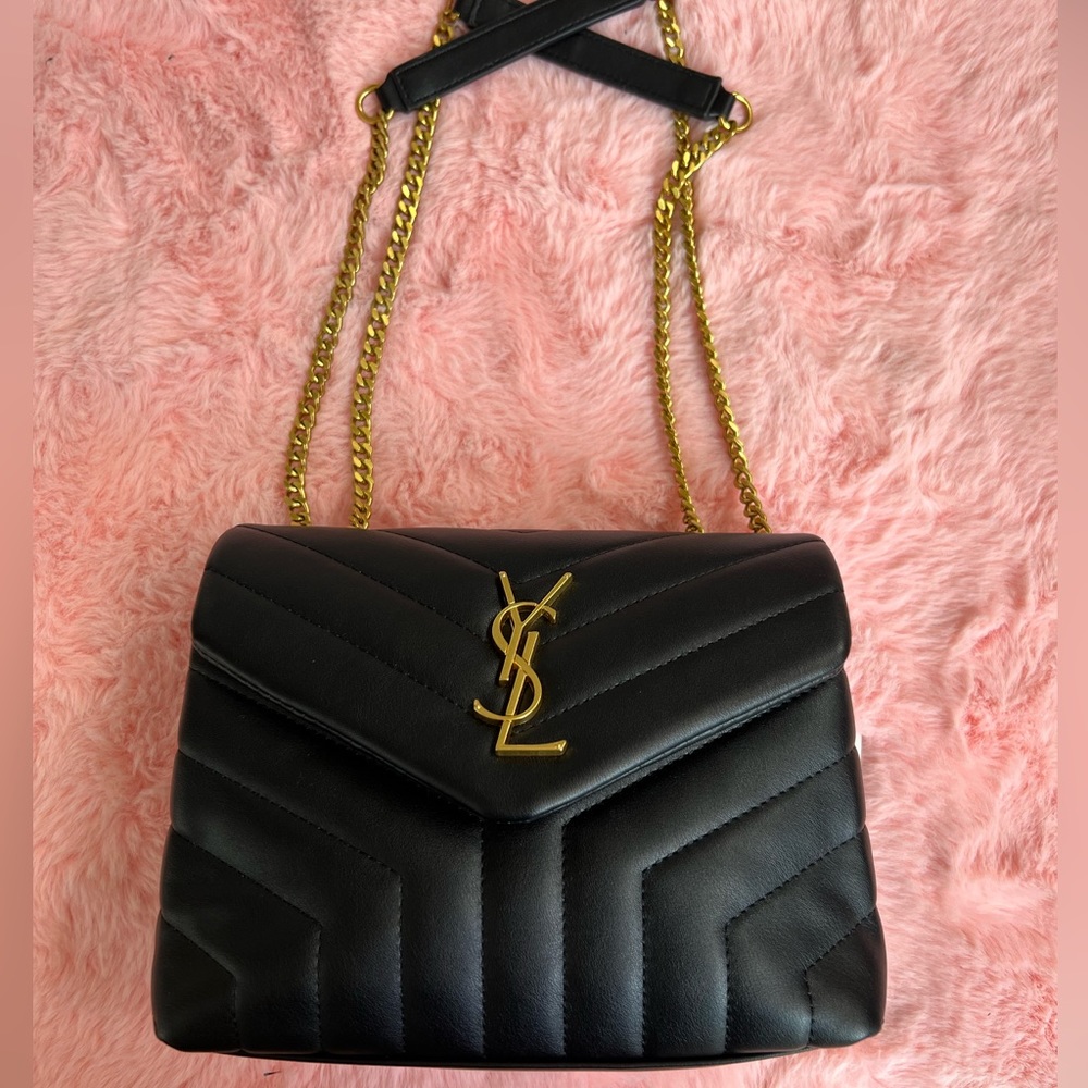 YSL Black Quilted Bag with Gold Chain and Gold Embellishments